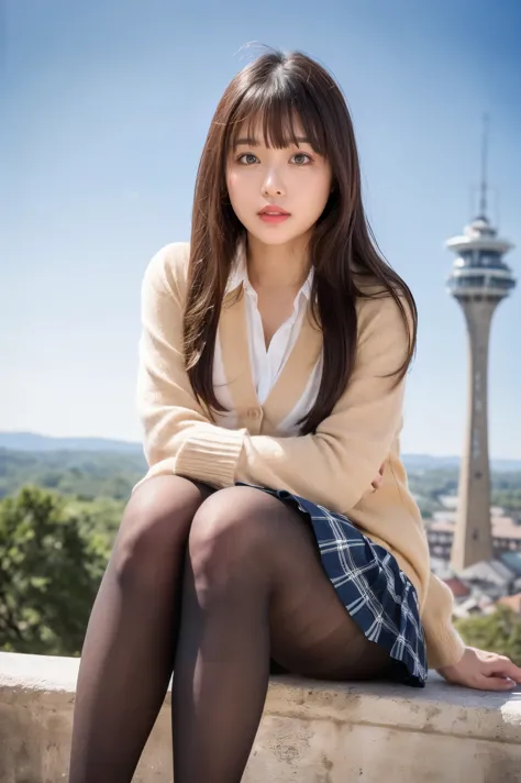 (((8k、High resolution、Best Quality、High resolution)))Alone、Natural body shape、White skin、Natural Makeup、((Black Hair、bangs、Straight Long Hair))、((()))、Sitting、(Sit at the top of the tower:1.4)、(())、(((((Full body photo)))))、(((Looking into the camera)))、(((Wear a uniform on your upper body)))、classroom、(((High school))) 、((White long sleeve collared blouse))、((Beige cardigan))、((Dark blue checkered pleated skirt、mini skirt、Ultra-realistic pantyhose))、、、Expressionless、((Exposing your thighs)), Beautiful mature woman