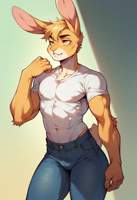 solo, male, rabbit, yellow colored fur, fluffy fur, yellow eyes, lean body, anthropomorphic rabbit, femboy, muscle, jeans, t-shirt,
