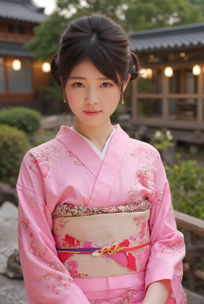 japanese girl(wearing pink kimono),huge breasts，