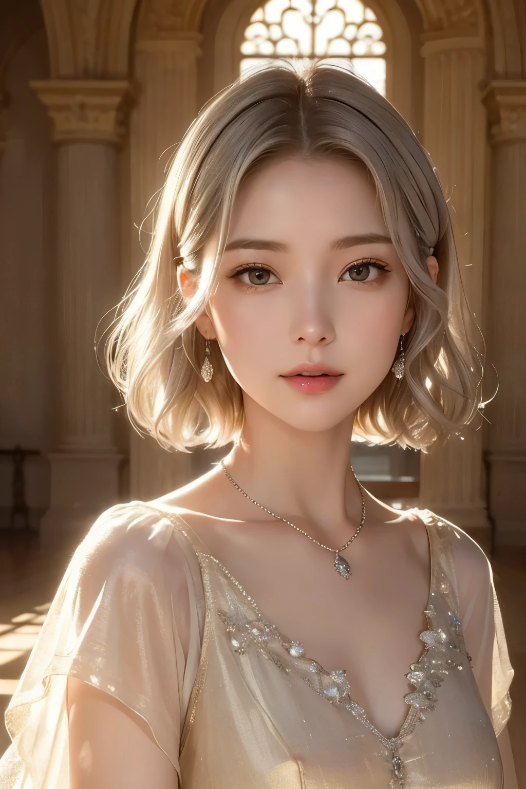 (((masterpiece)))、((((Best Quality))))、(((Super detailed)))、(Photorealistic)、(Young beautiful woman)、Realistic Skin、((Very delicate and beautiful face and hazel eyes))、(A gentle smile)、Focus on the face、((Slightly dark, blonde-ish silver-gray short bob hair with gentle waves.))、Understated Necklace、Portrait、(Small Bust)、Inside the dimly lit museum with its majestic and ornate architecture、The interior of the museum is lit up in soft, warm colors.、Dust floating in the air、Tyndall effect、Beautiful shining golden light、Intricate decorative details、Dramatic atmosphere、Atmospheric Perspective、Everything is in soft focus、Deep Shadow、Fantastic beauty、Saturation and brightness are slightly low、
