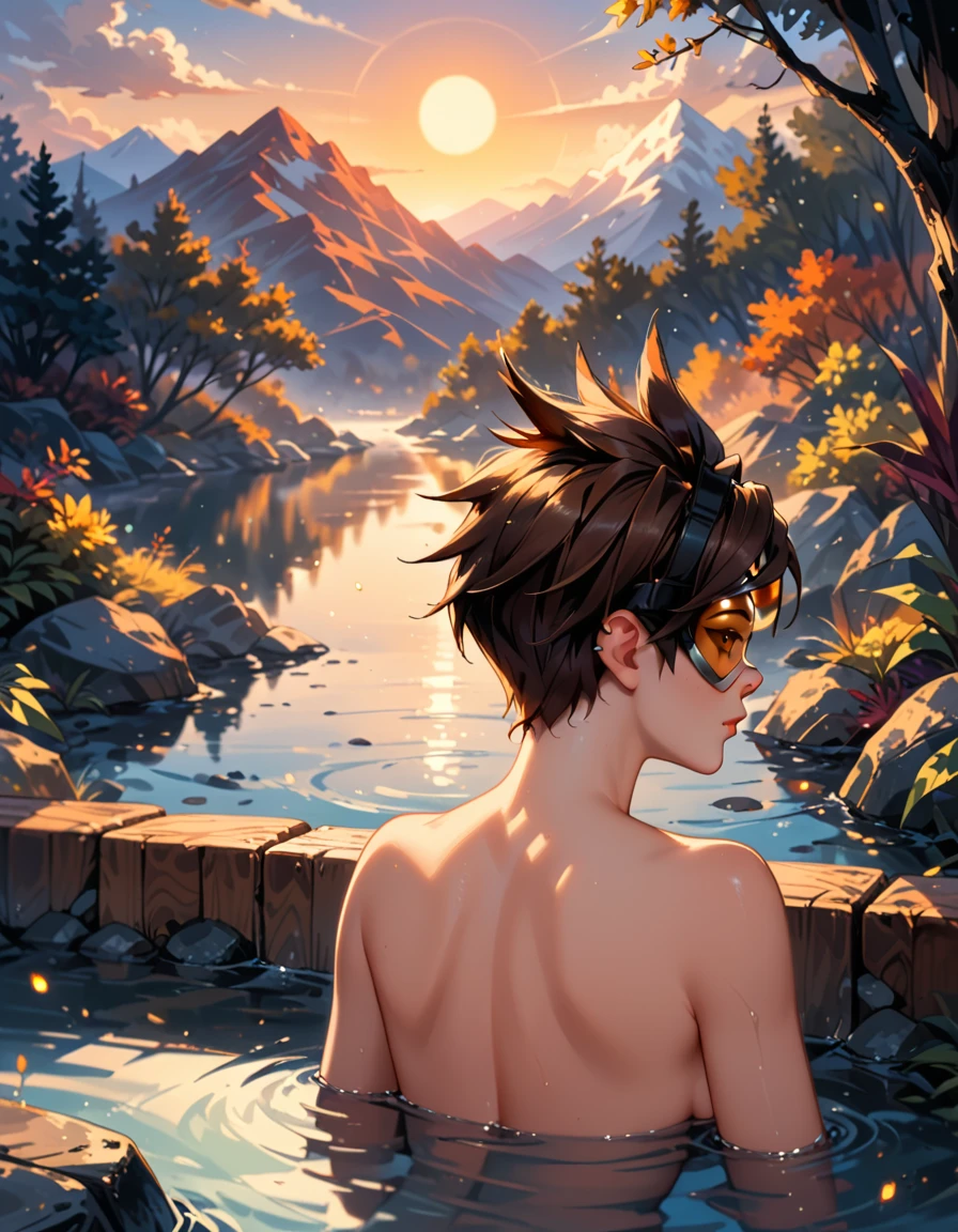 score_9, score_8_up, score_7_up, score_6_up, rating_safe, cinematic film still, solo, 1girl, (Tracer from Overwatch, goggles, yellow lens:1.3), nude, (dimly lit Japanese hot spring:1.1), laying in water, resting on forearms, enjoying the view, facing away from viewer, sexy back, (cinematic lighting:1.2),, (sunset:1.2), shallow depth of field, vignette, highly detailed, high budget, bokeh, cinemascope, moody, epic, gorgeous, film grain, grainy, SFW, rear view, (ultra-detailed), (best illustration), (best shadow), (absurdres), (detailed background), (very aesthetic).