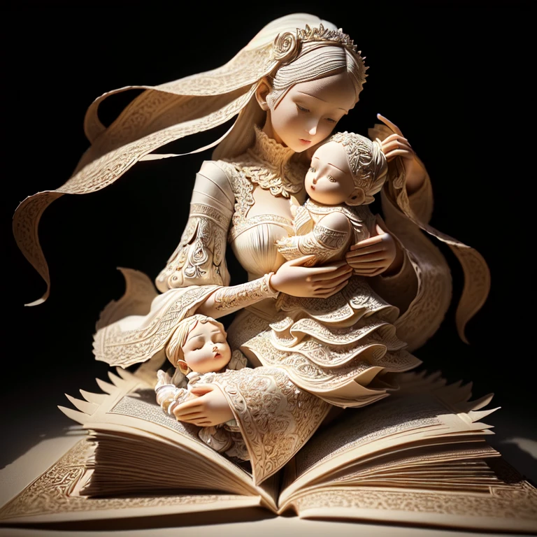 a close up of a book sculpture of a woman holding a baby, paper art, intricate 3 d sculpture, the art of books, intricate sculpture, masterful intricate artwork, intricate artwork, paper modeling art, flowing book pages, intricate story, made of paper, highly detailed sculpture, intricate artwork masterpiece, very intricate masterpiece, 3 d sculpture, 3d sculpture