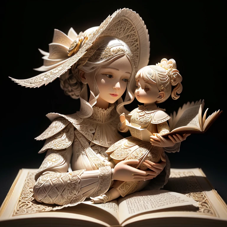 a close up of a book sculpture of a woman holding a baby, paper art, intricate 3 d sculpture, the art of books, intricate sculpture, masterful intricate artwork, intricate artwork, paper modeling art, flowing book pages, intricate story, made of paper, highly detailed sculpture, intricate artwork masterpiece, very intricate masterpiece, 3 d sculpture, 3d sculpture