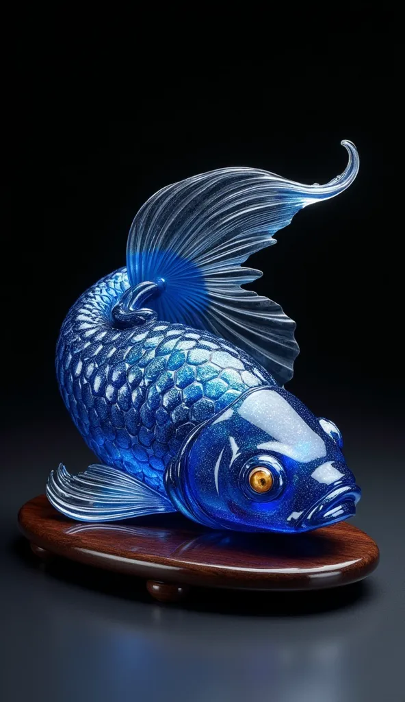 Envision a stunning piece of art titled 'Gemscale Goldfish' crafted from a single, flawless sapphire. This exquisite sculpture is a testament to the fusion of nature's beauty and the artisan's mastery, blending the vibrancy of the goldfish with the rarity of the gemstone.

The sapphire goldfish lies on a sleek, dark background, allowing its iridescent scales to shimmer and catch the light, reflecting the myriad of colors that a sapphire can display. The gem's natural inclusions and reflections mimic the water's surface, creating an almost liquid appearance to the sapphire.

Each scale of the goldfish is meticulously carved to depict the intricate patterns and textures of real goldfish scales, with a hint of translucence that suggests the gem's ability to refract light. The eyes of the sapphire goldfish are deep, dark pits that contrast beautifully with the gem's color, giving the appearance of lifelike, glistening eyes.

The sculpture is mounted on an elegant, minimalist stand crafted from polished dark wood, which subtly highlights the gem's beauty without overwhelming it. The stand should have a slight curve, suggesting the flowing movement of a swimming goldfish.

The overall atmosphere of the piece is one of awe and wonder, as if the goldfish is a treasure from an ancient civilization, preserved for eternity in this precious gem. The color palette should be rich and varied, with the sapphire's blue hues complemented by subtle hints of green and gold, evoking the luxury and opulence of the gem.

This 'Gemscale Goldfish' is not just a sculpture; it's a work of art that celebrates the harmonious union of nature and craftsmanship, inviting viewers to marvel at the beauty and complexity of both the goldfish and the sapphire.