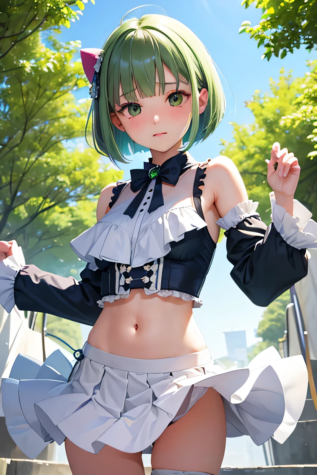 （（（Normal body、8k、Detailed face、Ultra-precision、Normal hand、Highest）））、beautiful girl、Green Hair、Green Eyes、Shortcuts、Bob cut with a front drop、Hime cut,Orange ruffle mini skirt、Belly button、、White pants、Show me your pants、Lift up your skirt、Idol Costumes、Estrus season、Feeling embarrassed、Shut your mouth.、