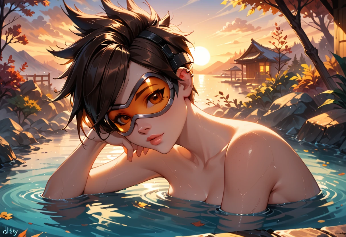 score_9, score_8_up, score_7_up, score_6_up, rating_safe, cinematic film still, solo, 1girl, (Tracer from Overwatch, wearing goggles, yellow lens:1.3), nude, (dimly lit Japanese hot spring:1.1), laying in water, submerged, enjoying the view, flirt, gaze, sexy look, half-closed eyes, head tilt, filled lips, thick lips, (cinematic lighting:1.2),, (sunset:1.2), shallow depth of field, vignette, highly detailed, high budget, bokeh, cinemascope, moody, epic, gorgeous, film grain, grainy, SFW, (ultra-detailed), (best illustration), (best shadow), (absurdres), (detailed background), (very aesthetic).