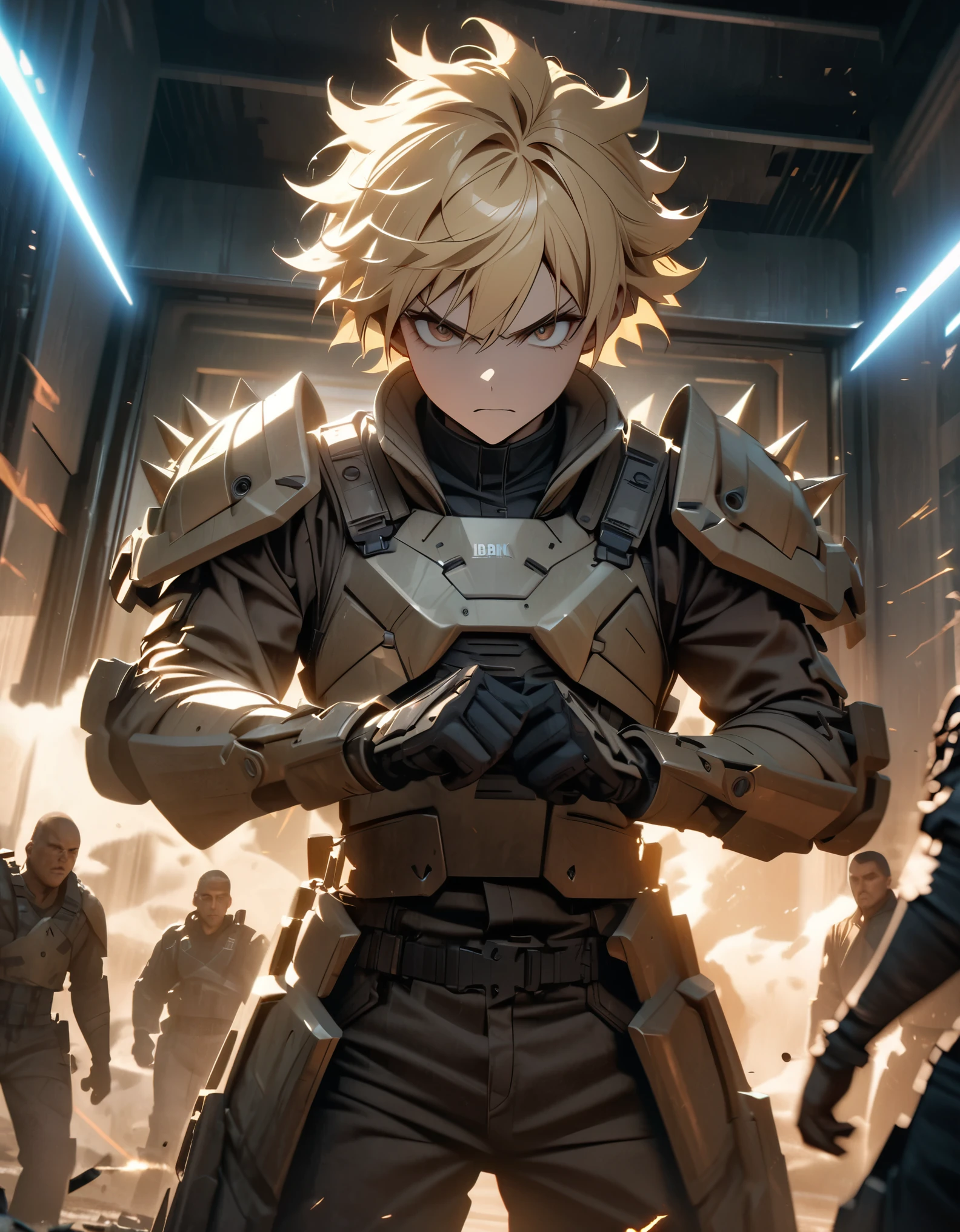 Masterpiece, best quality, high resolution, 8k, 4k, detailed, solo, solo focus, blonde hair, short hair, spiky hair, brown eyes, psychotic look, male mercenary, futuristic light armor, cowboy shot, cinematic lightning, bank entrance, dynamic battle stance, dramatic atmosphere.