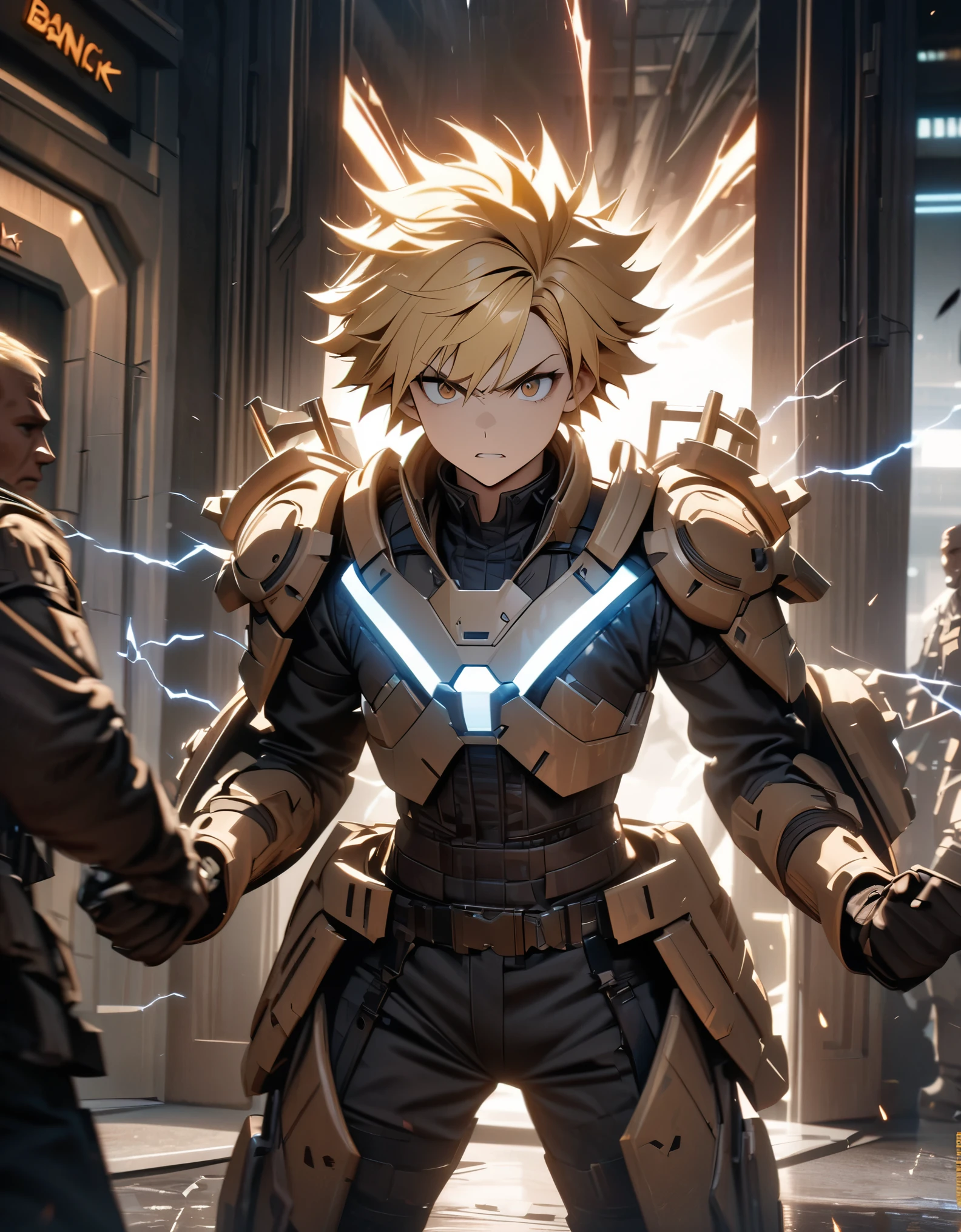 Masterpiece, best quality, high resolution, 8k, 4k, detailed, solo, solo focus, blonde hair, short hair, spiky hair, brown eyes, psychotic look, male mercenary, futuristic light armor, cowboy shot, cinematic lightning, bank entrance, dynamic battle stance, dramatic atmosphere.