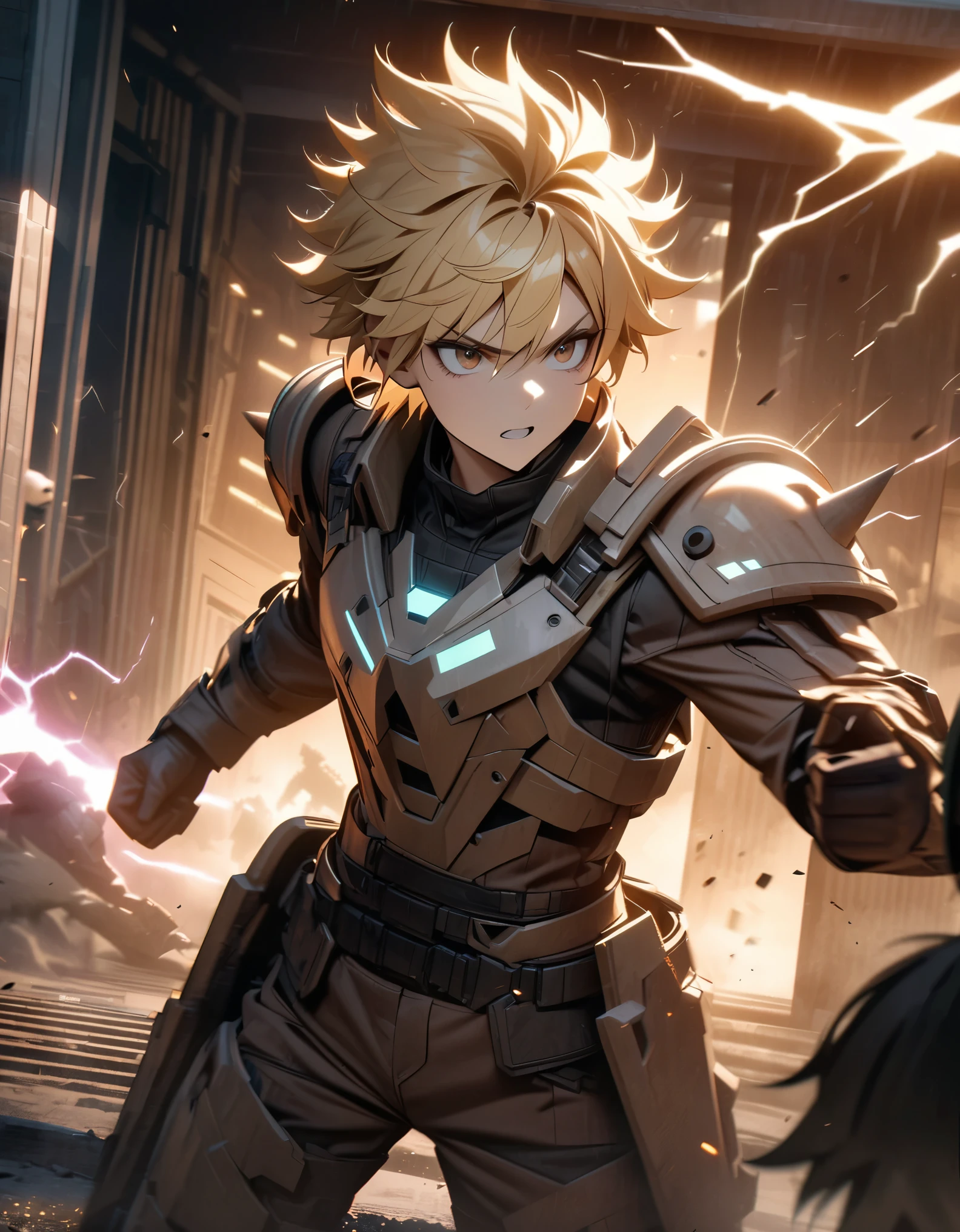 Masterpiece, best quality, high resolution, 8k, 4k, detailed, solo, solo focus, blonde hair, short hair, spiky hair, brown eyes, psychotic look, male mercenary, futuristic light armor, cowboy shot, cinematic lightning, bank entrance, dynamic battle stance, dramatic atmosphere.