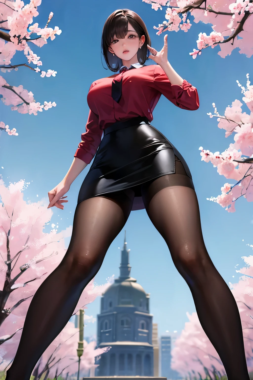 masterpiece, best quality,1girl,young girl, plum_pie eyes, brown, choppy bob,envious _face,shiny skin,medium breasts,nice leg line:1.3,thick thighs, thin waist,school uniform, thighhighs,necktie,((pencil skirt)),red color high heels,   pantyhose, , Pathway_lined_with_blooming_cherry_blossom_trees,,looking at viewer,from below,full body, legsupsexms,