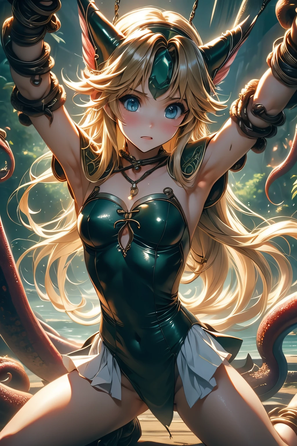 （（（ＳＦＷ、sound、Highest quality、first-clasasterpiece、Normal body、8k、Detailed face、Ultra-precision、Normal hand、Normal finger、５finger、Highest）））、Secret of Mana 3、lease、Blonde、Long Hair、Straight Hair、Hair ribbon、Torn Green Leotard、Torn slit skirt、defeat、Constraints、Bondage、CrossBondage、ChainBondage、Open your arms and bind、Spread your legs and bind、Collar、CollarChainRead、blush、Estrus、Teary-eyed、prison、Imprisonment、Tentacles wrap around、Tentacles entangled、Tentacles invade the leotard