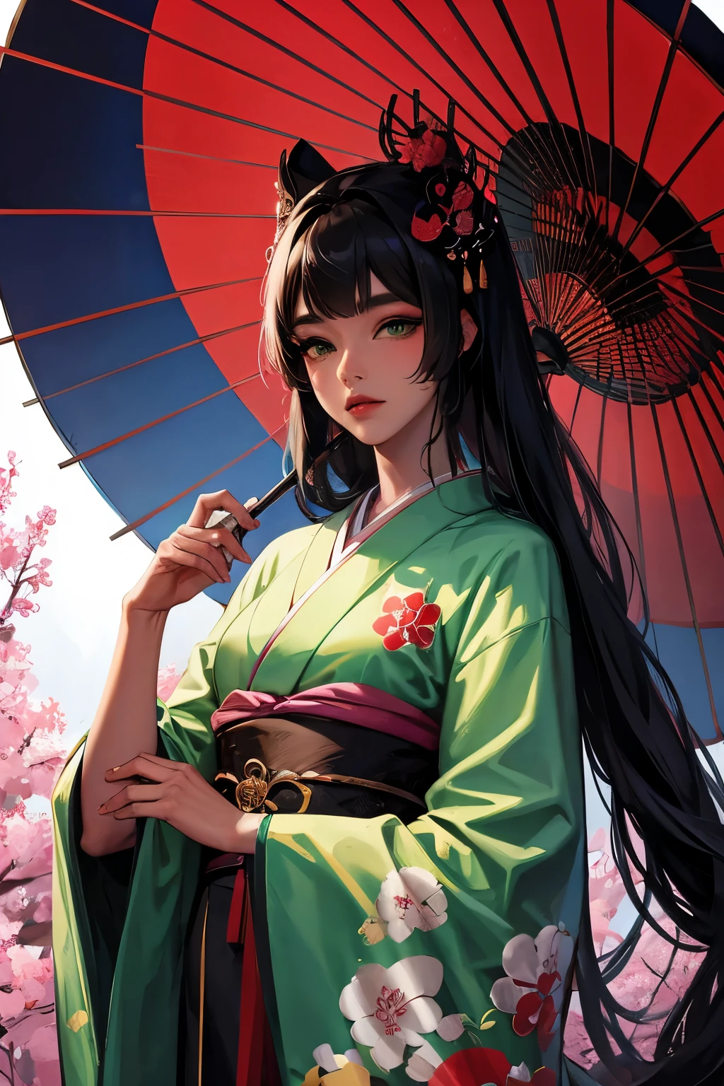 anime Dark-skinned geisha with green eyes and umbrella, fan