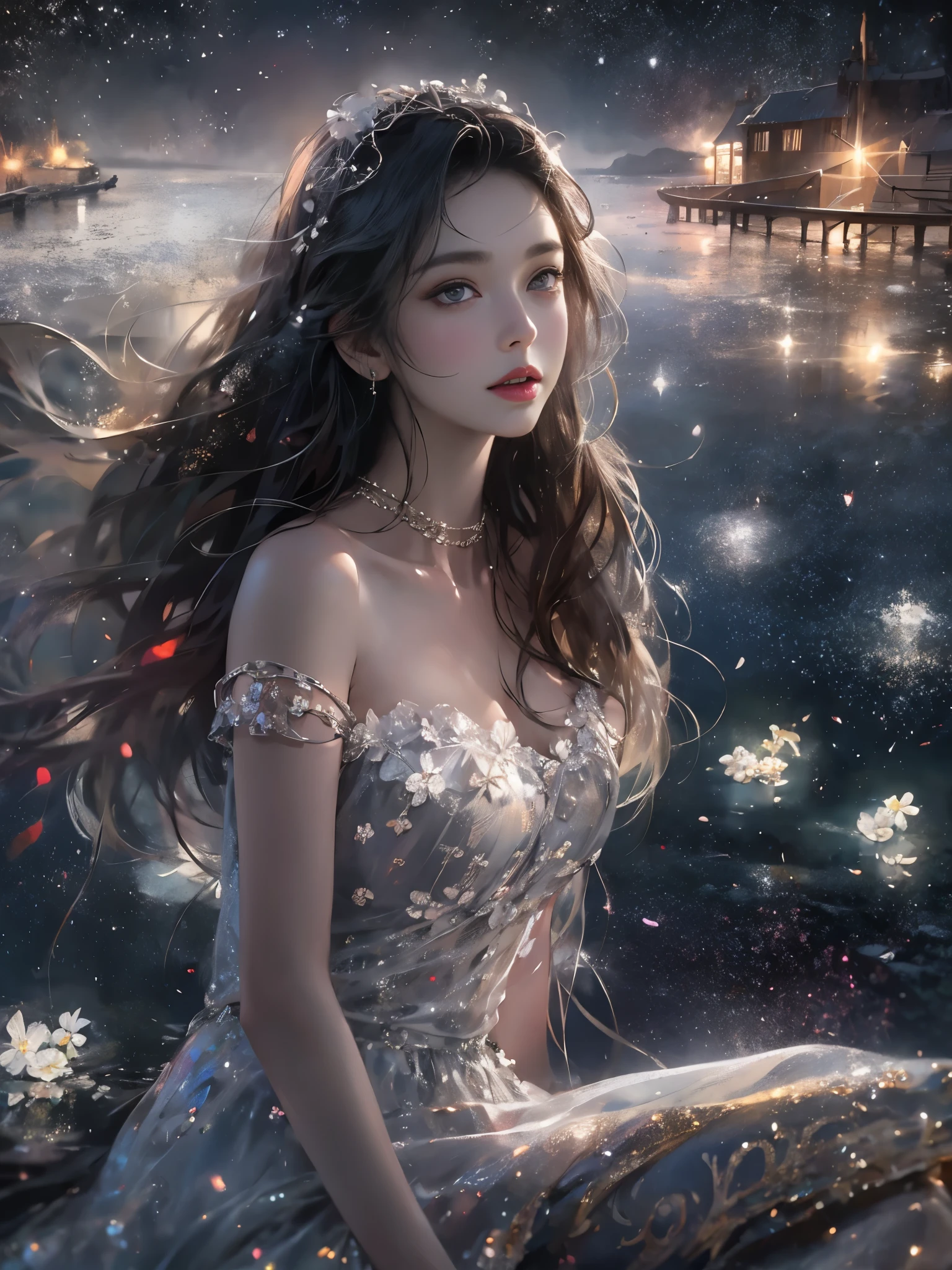 flower_dress ((full body)), ((Sit naturally on the ground, leaning back with your elbows supporting your body)), ((Hyperrealistic portrait of a slender)), sexy woman , Full breasts, visible cleavage, night, dramatic moonlight illumination, pale skin glistening with droplets, long wet hair flowing, delicate facial features, high cheekbones, full lips, intense eyes, fine eyelashes, thin eyebrows, elegant neck, bare shoulders, collarbone visible, toned arms, slender waist, curvy hips, long shapely legs correctly proportioned, smooth skin texture, starry night sky reflected, mist hovering over water surface, 8k resolution, photorealistic detail, cinematic lighting, volumetric fog, ray tracing, subsurface scattering, high dynamic range