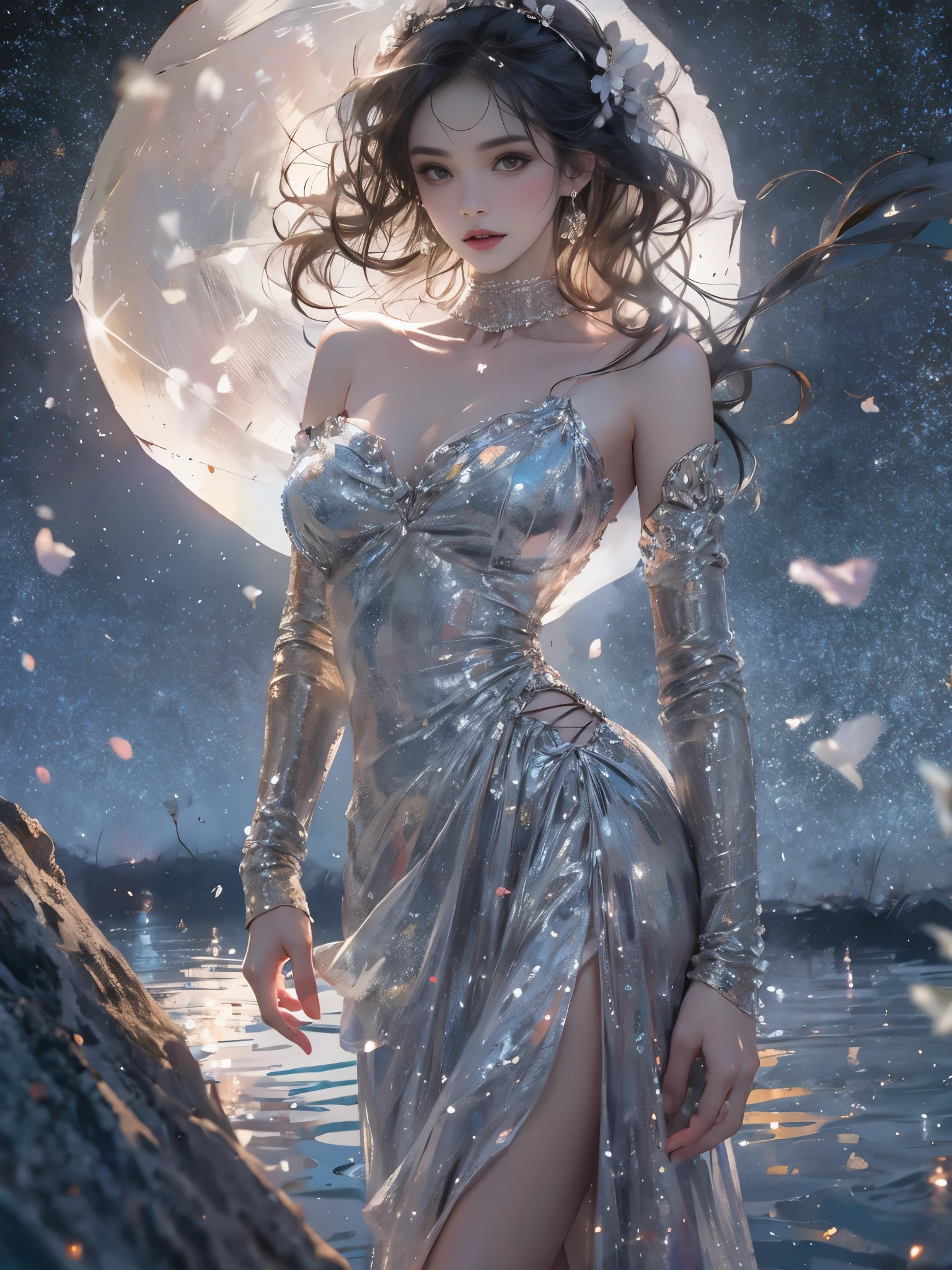 flower_dress ((full body)), ((Sit naturally on the ground, leaning back with your elbows supporting your body)), ((Hyperrealistic portrait of a slender)), sexy woman , Full breasts, visible cleavage, night, dramatic moonlight illumination, pale skin glistening with droplets, long wet hair flowing, delicate facial features, high cheekbones, full lips, intense eyes, fine eyelashes, thin eyebrows, elegant neck, bare shoulders, collarbone visible, toned arms, slender waist, curvy hips, long shapely legs correctly proportioned, smooth skin texture, starry night sky reflected, mist hovering over water surface, 8k resolution, photorealistic detail, cinematic lighting, volumetric fog, ray tracing, subsurface scattering, high dynamic range