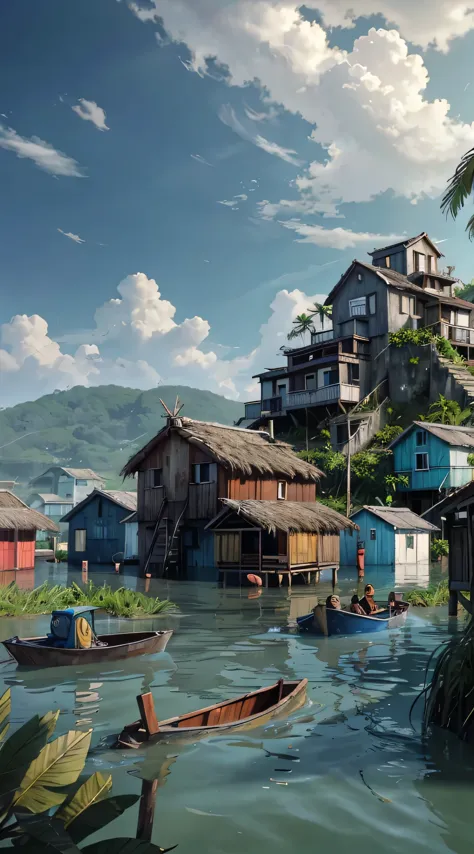 arafed house on stilfes in the ocean with a blue sky, houses on stilts, hut, fishing village, flooded fishing village, mediterra...