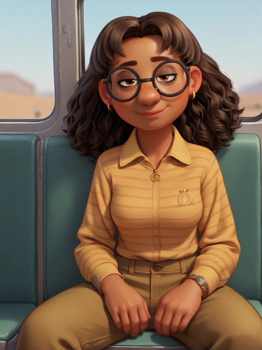 Priya, 

dark skin, brown eyes, brown hair, glasses, earrings, striped shirt, loose ocher cargo pants with pockets, 

1 girl, alone, tired look, medium breasts, 
looking at viewer, smile ,

score_9, score 8, score 7, score 6,

looking at the viewer, sitting on the bus, spreading his legs,