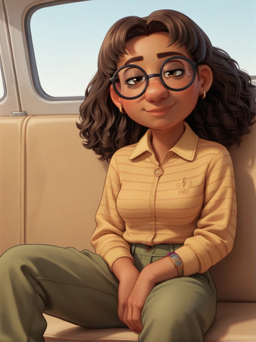 Priya, 

dark skin, brown eyes, brown hair, glasses, earrings, striped shirt, loose ocher cargo pants with pockets, 

1 girl, alone, tired look, medium breasts, 
looking at viewer, smile ,

score_9, score 8, score 7, score 6,

looking at the viewer, sitting on the bus, spreading his legs,