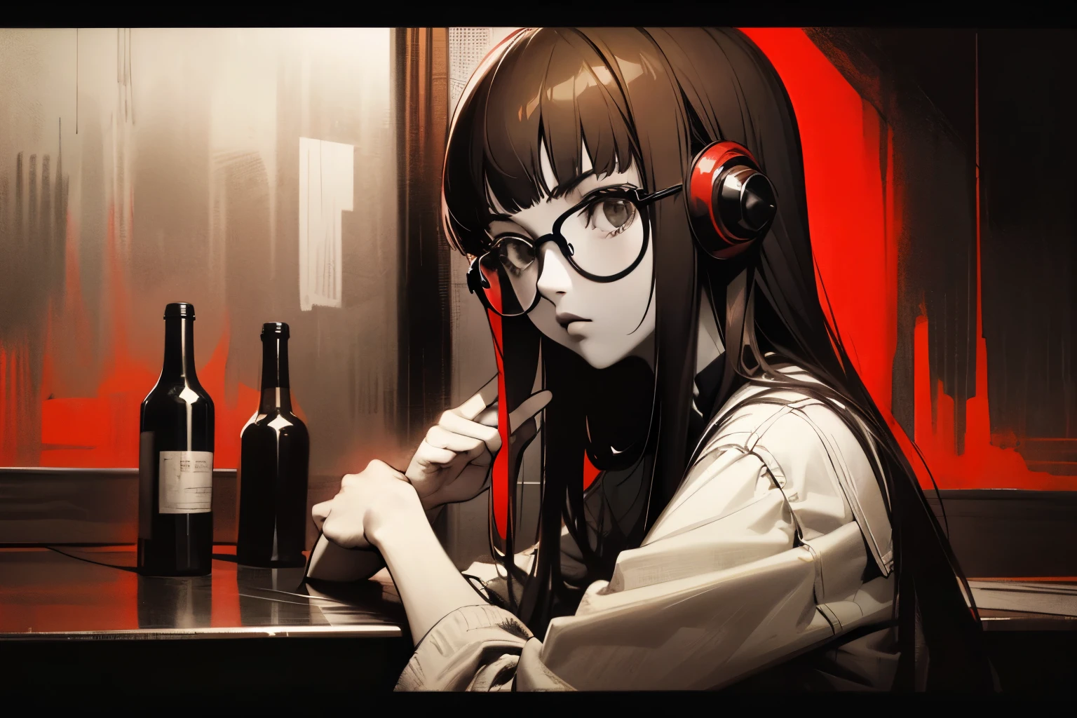 Solo, long hair with blunt bangs, glasses and headphones, dsfutaba, primary colour is red, closeup, detailed, detailed, details, high quality, solo, young woman, studying, monochrome, (spot color:1.2), (style art:1.2), shades of red, primary colour is red, secondary colour is orange, bar, night, bottles, glasses, leaning on the wall, looking to tye side