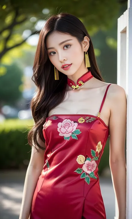 a beautiful woman in a cheongsam。she was wearing a red cheongsam，the cheongsam is embroidered with golden patterns，like a bloomi...