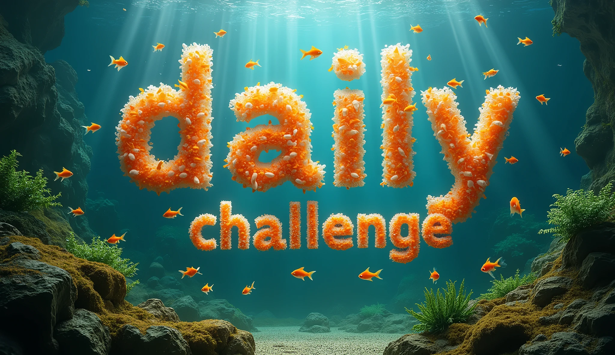 The letters ‘daily challenge’ are made up of a swarm of miniature goldfish in a large tank, and the swarm of goldfish becomes the string ‘daily challenge’.