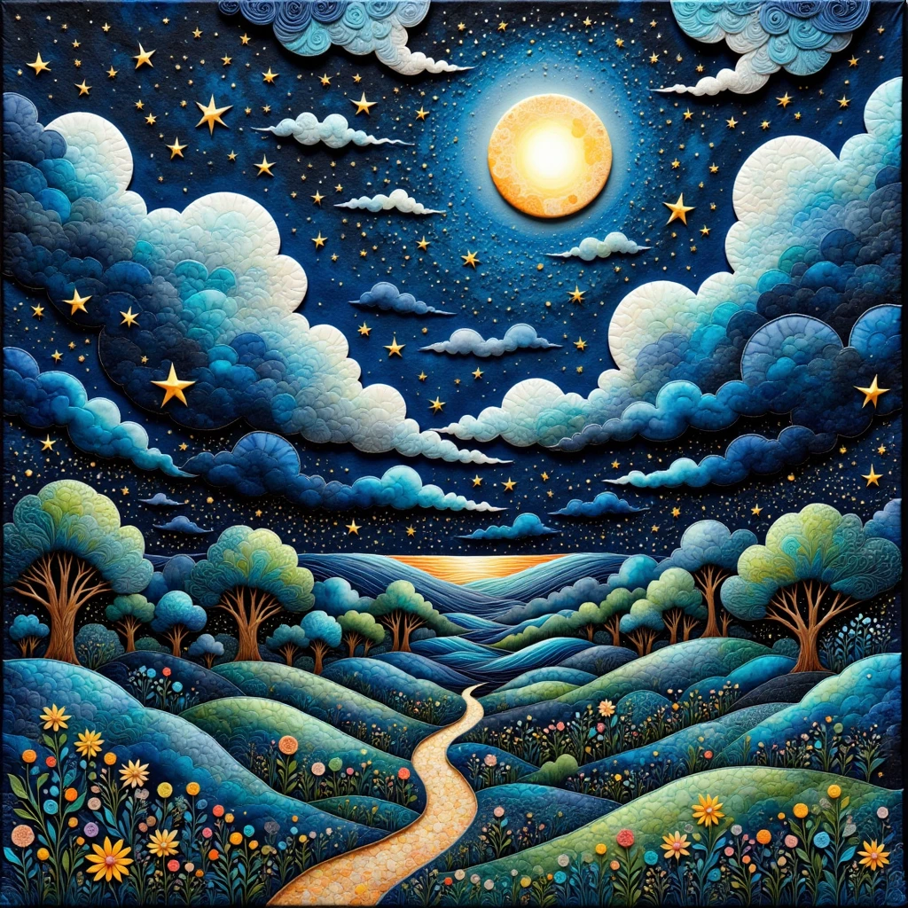 (masterpiece, best quality:1.2), Landscape painting of the night sky with moon and stars,handmade style