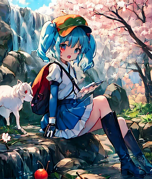 (Inubashiri Momiji and Kawashiro Nitori playing a board game),2girls, playing a board game,outdoors, inubashiri momiji, wolf ears, tokin hat, short hair, red eyes, white hair, detached sleeves,skirt, open mouth, kawashiro nitori, blue eyes, blue hair, medium hair, two side up, short twintails, sidelocks, blue shirt, short sleeves, collared shirt, frills, blue skirt, skirt set, pocket, knee boots, blue footwear, rubber boots, green headwear, flat cap, hair bobbles, backpack, key, cucumber, crowbar, reeds, mechanical arms, wrench, Riding a pure white thoroughbred　Riding a pure white winged horse　Cherry Blossoms at Night　Cherry blossom blizzard at night　Riding a pure white horse　Riding a Pure White Thoroughbred　Autumn scenery　autumn leaves🍁