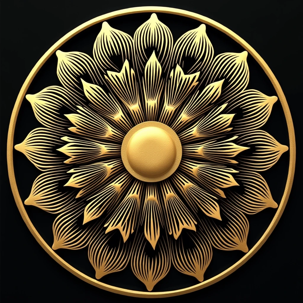 Round Japanese family crest, chrysanthemum petals, gold, monochrome