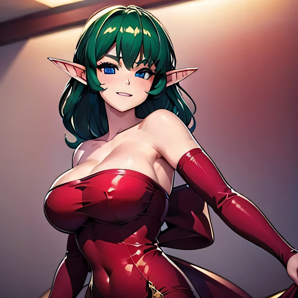  ((masterpieceThe best quality,Very delicate,Perfect Face,16k,High resolution,Very cute girl)),Turn own body front:5.0,Extend own both arms straight out forward:2.0 ,Green Hair,Red strapless bodycon tube dress,Red long sleeve,Elf Girl,Large Breasts,blue eyes, ,Very cute smile,20 years old,