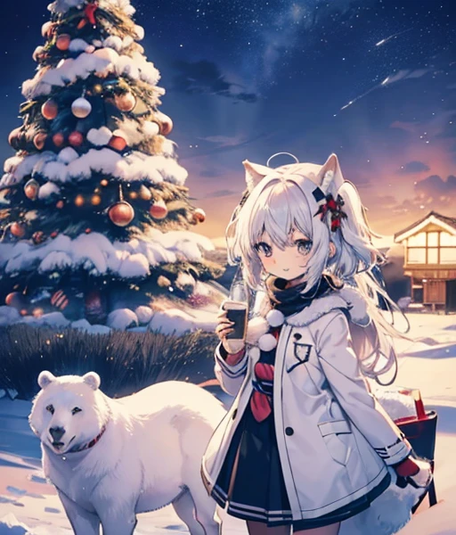 shirogane noel are having a christmas party, christmas trees with snow scenery, white horse with santa claus next to him 🐎, eating christmas cake and drinking champagne, mary christmass with horses shirogane noel, journalisitc flying in the sky, journalisitc flying in the sky, badass, small chest, shooting stars, night sky, the newspapers arround him flying, jupiter orbit, shameimaru aya, yukkuri, 1chibi princess, stand next to 🐻, smirk, cute, (chibi