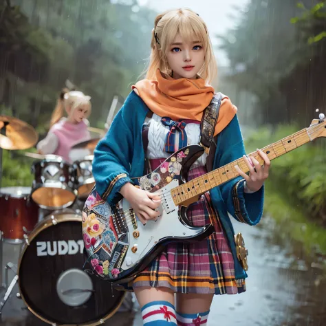 playing drum, marie rose, 12yo, adorable girl, child face, marie rose, blonde hair, double buns, (((oversized knit dress))), sel...