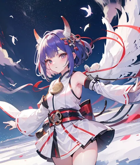 shuten doju lies next to a pure white horse 🐴 the town is covered with snow and powdery snow is falling, christmas town aya from...