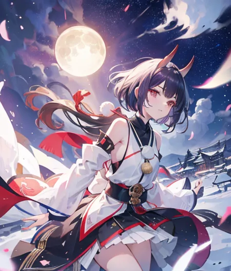 shuten doju lies next to a pure white horse 🐴 the town is covered with snow and powdery snow is falling, christmas town aya from...