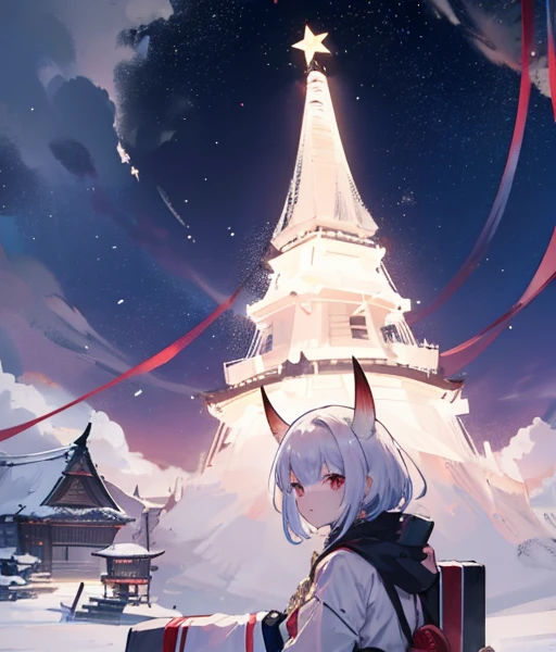 Shuten doju lies next to a pure white horse 🐴 The town is covered with snow and powdery snow is falling, Christmas town Aya from shuten doju is flying in the sky with her fellow yokai 🐦‍⬛ shuten doju aya is flying in the sky with black wings and taking photos 📷, a journalist flying in the sky, badass, small chest, shooting stars, night sky, the newspapers arround him flying, jupiter orbit, shameimaru aya, yukkuri, shameimaru aya