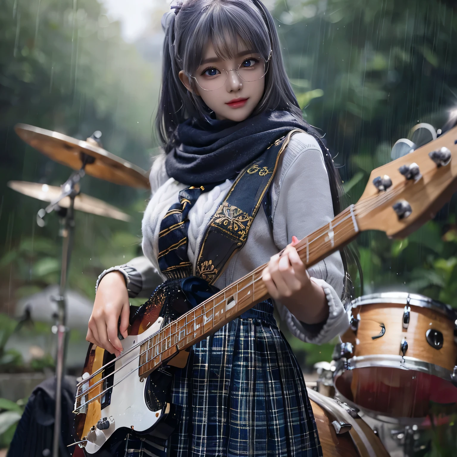 Playing drum, Marie rose, 12yo, adorable girl, child face, Marie rose, Blonde hair, Double buns, (((Oversized Knit dress))), Selfie, standing, perfect body, Looking at viewer, Garden, (high saturation:1.0),  (extremely detailed skin), (best quality:1.0), (ultra highres:1.0) ,(photo realistic:1.0), (ultra detailed:1.0), (8k, RAW photo:1.1),(see-through:1), (smile, looking at viewer:1), ((Natural huge tits)), Blonde hair, Double buns, Masterpiece, glasses, no blur