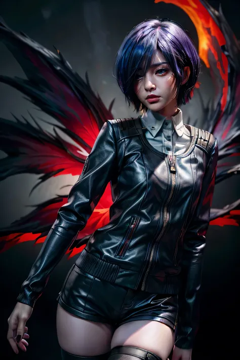 touka kirishima, tokyo ghoul, red eyes, the whites of the eyes are black, blue-violet hair, beautiful and calm facial features, ...