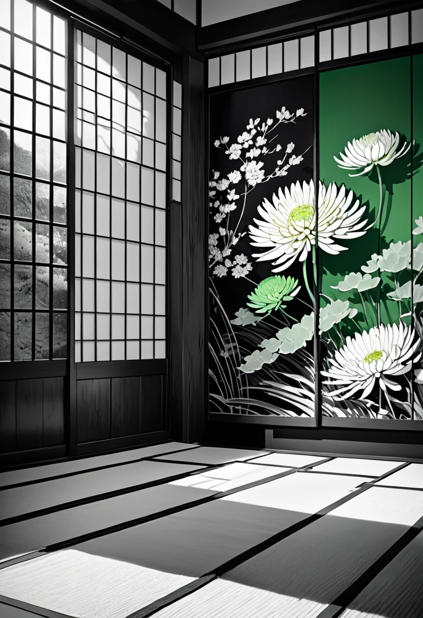 long and narrow room, bright green tatami, shoji screen with beautiful painting, and behind that shoji screen with another beautiful painting,  behind that is (round Japanese family crest, chrysanthemum petals, gold, monochrome), delicate and dynamic textures, contrasts of light and shadow, 2.5D, digital graphic CG, artistic photography, hyper realistic, ultra detailed, absolutely resolution, best quality