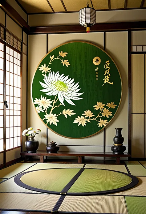 long and narrow room, bright green tatami, shoji screen with beautiful painting, and behind that shoji screen with another beautiful painting,  behind that is (round Japanese family crest, chrysanthemum petals, gold, monochrome), delicate and dynamic textures, contrasts of light and shadow, 2.5D, digital graphic CG, artistic photography, hyper realistic, ultra detailed, absolutely resolution, best quality