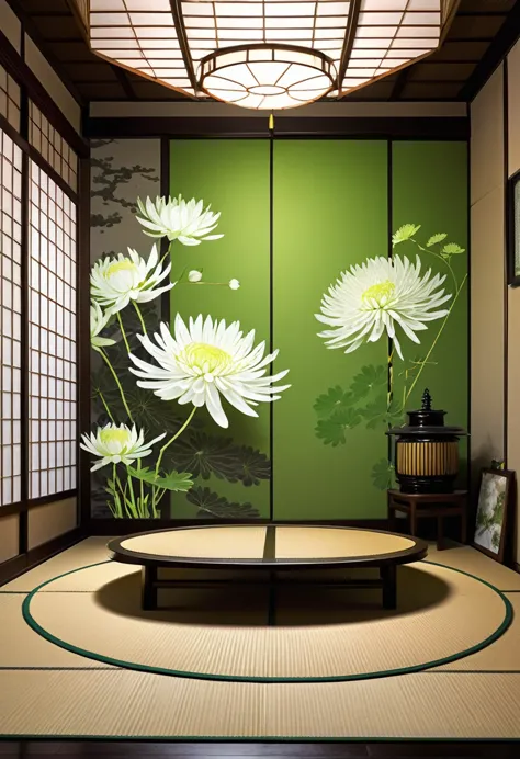 long and narrow room, bright green tatami, shoji screen with beautiful painting, and behind that shoji screen with another beautiful painting,  behind that is (round Japanese family crest, chrysanthemum petals, gold, monochrome), delicate and dynamic textures, contrasts of light and shadow, 2.5D, digital graphic CG, artistic photography, hyper realistic, ultra detailed, absolutely resolution, best quality