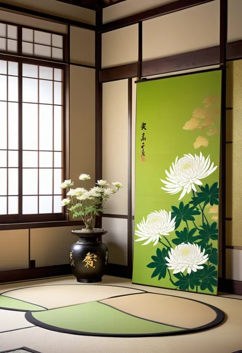 long and narrow room, bright green tatami, shoji screen with beautiful painting, and behind that shoji screen with another beautiful painting,  behind that is (round Japanese family crest, chrysanthemum petals, gold, monochrome), delicate and dynamic textures, contrasts of light and shadow, 2.5D, digital graphic CG, artistic photography, hyper realistic, ultra detailed, absolutely resolution, best quality