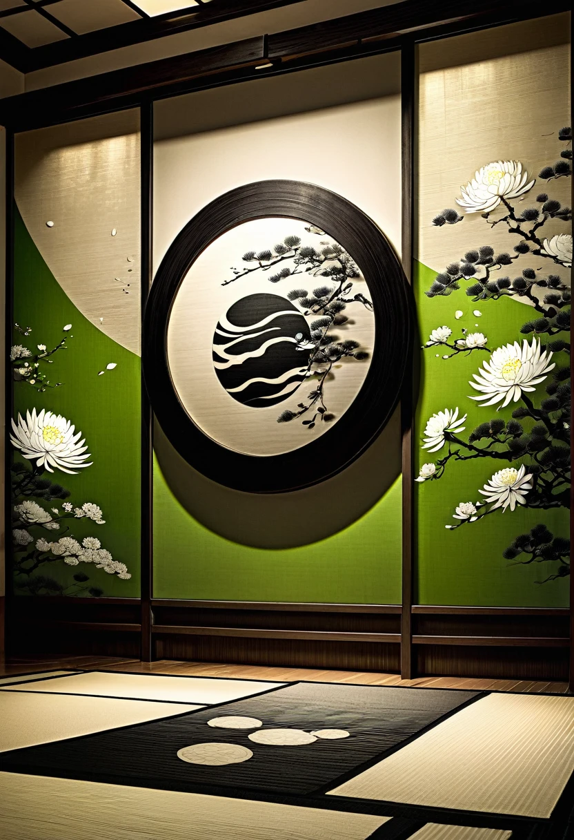 long and narrow room, bright green tatami, shoji screen with beautiful painting, and behind that shoji screen with another beautiful painting,  behind that is (round Japanese family crest, chrysanthemum petals, gold, monochrome), delicate and dynamic textures, contrasts of light and shadow, 2.5D, digital graphic CG, artistic photography, hyper realistic, ultra detailed, absolutely resolution, best quality