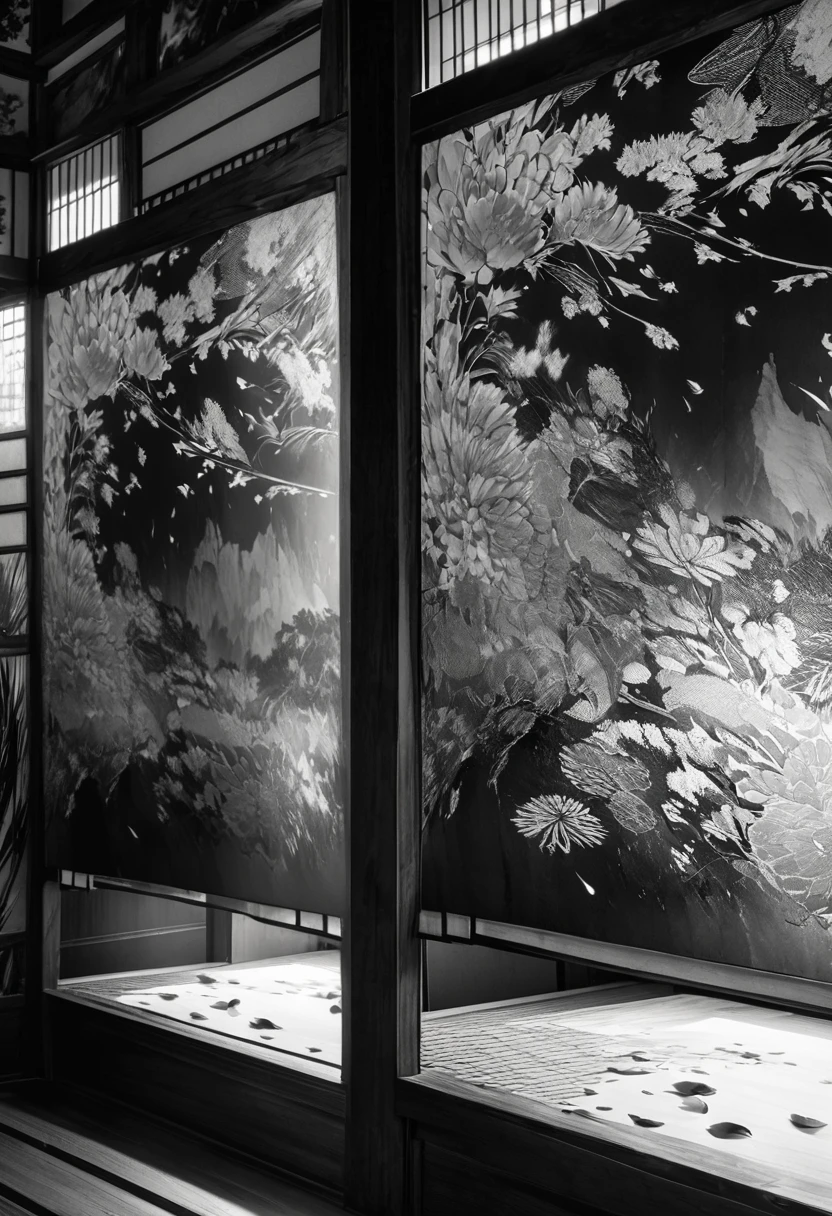 long and narrow room, bright green tatami, shoji screen with beautiful painting, and behind that shoji screen with another beautiful painting,  behind that is (round Japanese family crest, chrysanthemum petals, gold, monochrome), delicate and dynamic textures, contrasts of light and shadow, 2.5D, digital graphic CG, artistic photography, hyper realistic, BREAK ultra detailed, absolutely resolution, best quality