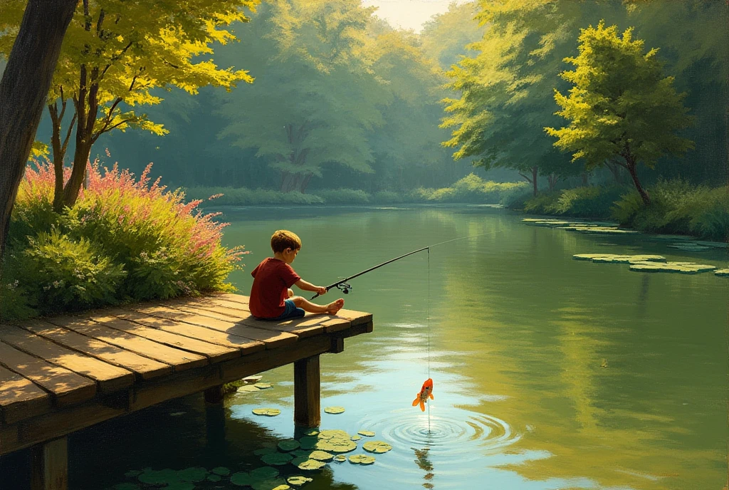 An EdwardH0pp3r style oil on canvas of a young boy sitting on the end of a weathered old wooden jetty that reaches out into an old pond, his legs dangle over the end, he is holding up a fishing pole that has a big Goldfish dangling in the air. It is a hot and hazy summer day, pollen and insects float through the air, woodland surrounding the pond creates Fantastical shadows, the pond reflects the boy and scenery.