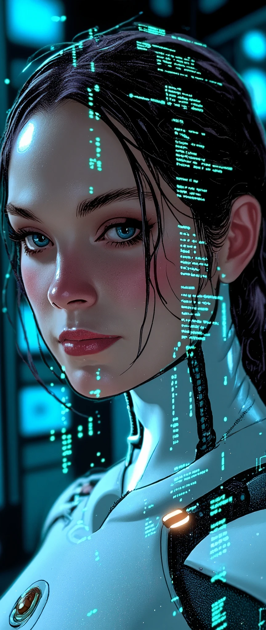 (masterpiece:1.2,Exceptional Quality,Mirror-like,Cinematic Experience,Photorealistic:2.0,RAW Photos:2.0,Super detailed),8k,wallpaper,(A wall of digital data displayed using holograms:2.0),(Beautiful woman:2.0),(Female Cyborg:2.0),(背景はFemale Cyborgの上半身のアップ:2.0),(Avant-garde design:2.0),(Detailed computer data drawing:2.0),(Beautiful Face),(Beautiful Eyes),(Beautiful Hair),(Cool eye-catcher with 3D animation:2.0)