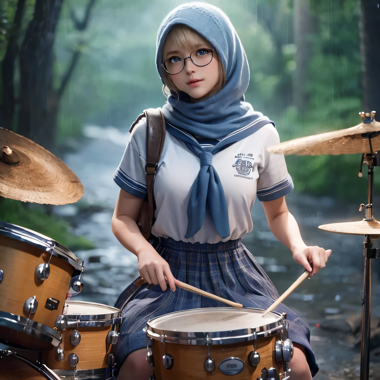 Playing drum, Marie rose, 12yo, adorable girl, child face, Marie rose, Blonde hair, Double buns, (((Oversized Knit dress))), Selfie, standing, perfect body, Looking at viewer, Garden, (high saturation:1.0),  (extremely detailed skin), (best quality:1.0), (ultra highres:1.0) ,(photo realistic:1.0), (ultra detailed:1.0), (8k, RAW photo:1.1),(see-through:1), (smile, looking at viewer:1), ((Natural huge tits)), Blonde hair, Double buns, Masterpiece, 