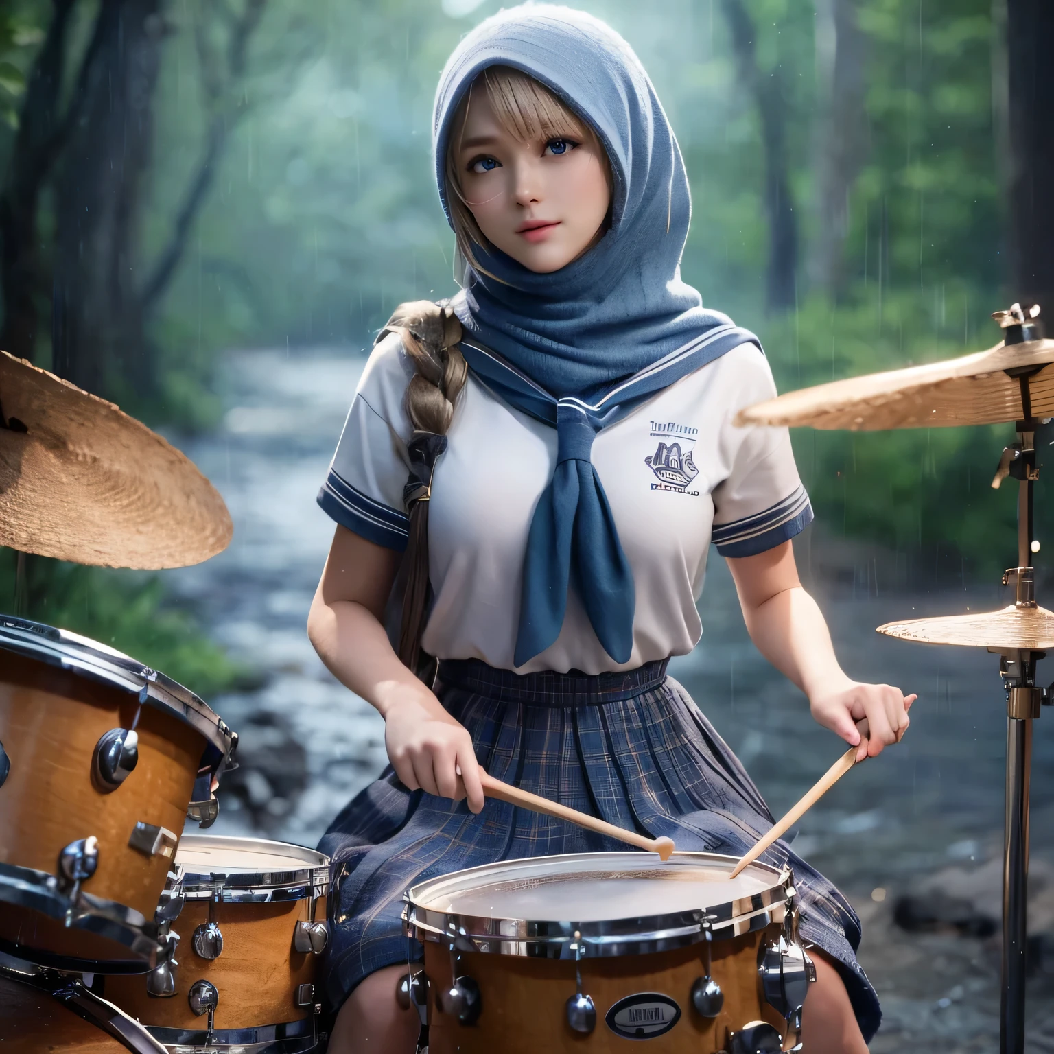 Playing drum, Marie rose, 12yo, adorable girl, child face, Marie rose, Blonde hair, Double buns, (((Oversized Knit dress))), Selfie, standing, perfect body, Looking at viewer, Garden, (high saturation:1.0),  (extremely detailed skin), (best quality:1.0), (ultra highres:1.0) ,(photo realistic:1.0), (ultra detailed:1.0), (8k, RAW photo:1.1),(see-through:1), (smile, looking at viewer:1), ((Natural huge tits)), Blonde hair, Double buns, Masterpiece, 