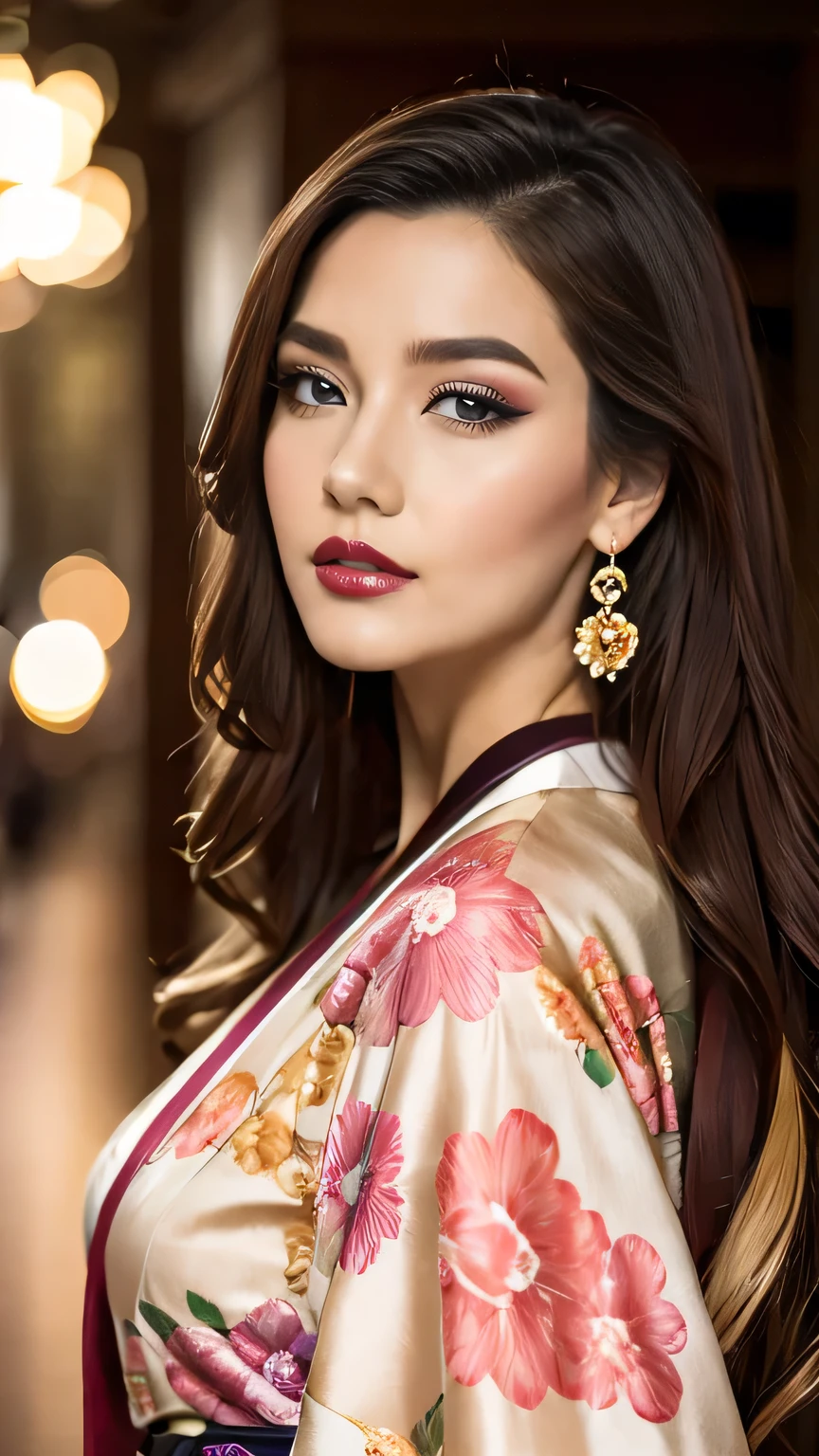 Realistic, Highest quality, 8k, woman, 20-year-old, Sakura pattern kimono, Large Bust, Long Hair, Ultra-detailed skin textures, Soft Lighting, Fairy, Bokeh, coral Lipstick, Sensual Lipstick, Sensational Make up 