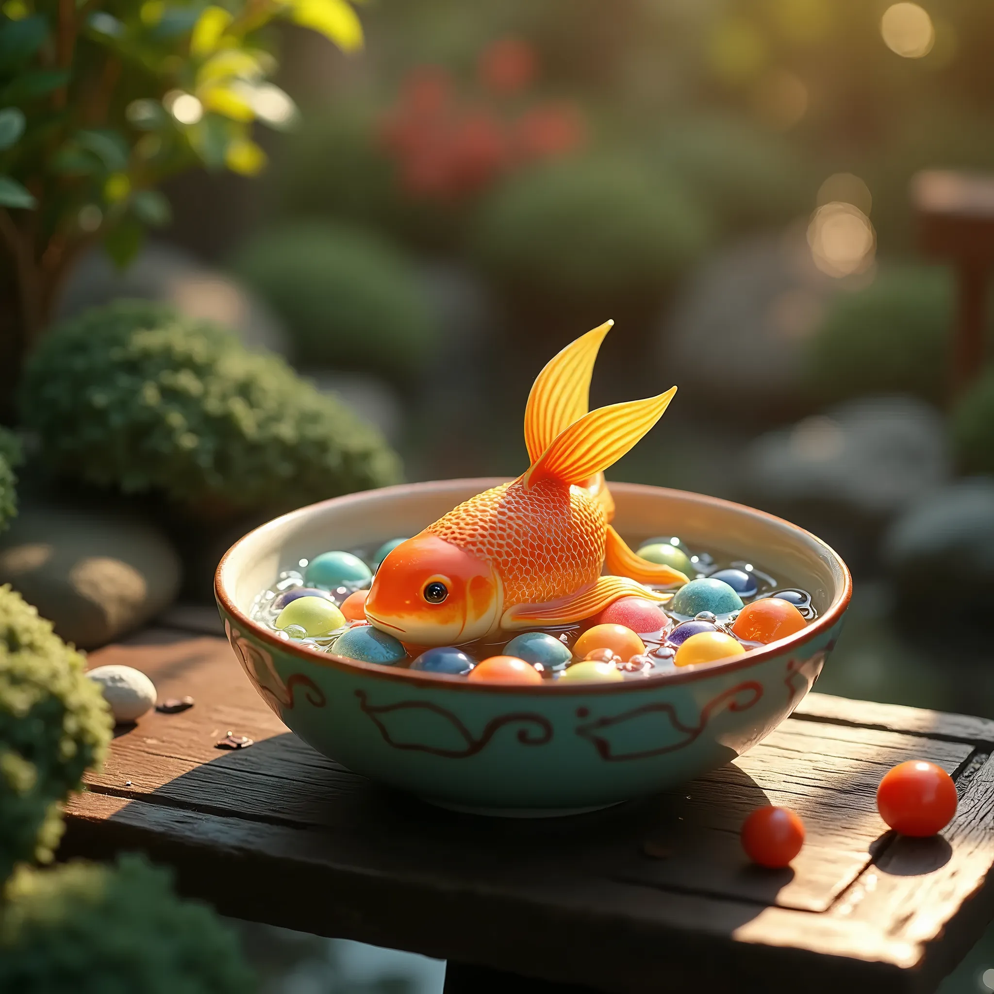 A peaceful Japanese garden with a ceramic goldfish object placed in a ceramic dish resembling a fishbowl, filled with colorful marbles. The scene is illuminated by warm lighting, creating a serene and nostalgic atmosphere. The ceramic goldfish features intricate patterns, and the dish has delicate decorations on its rim. The marbles are transparent with small bubbles inside, reflecting the soft light beautifully.