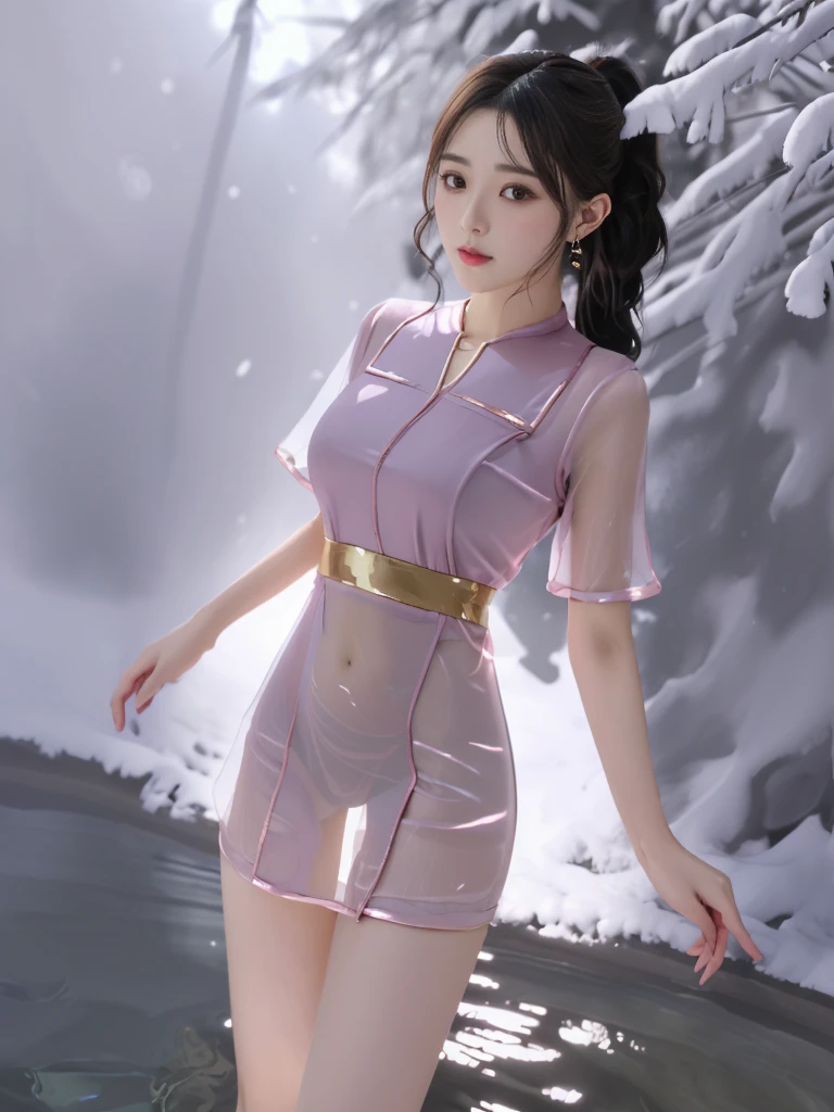 ((A woman)), 美丽脸庞的Sexy中国华裔女明星, 穿着Pink乳胶内衣, Wearing a transparent latex nurse uniform, (((Light theme, Exposing the subject, Sexy主题)))
((Transparent clothes: 1.5), (Revealing clothes: 1.5),  (Wet clothes:1.0), (Color of clothes: Pink), ((Wearing transparent clothing)))
(((night, Private hot spring, Surrounded by fog, Dense bamboo forest, Standing in the water, Snow Scene))),
((Mobile desktop:1.5), (Reality:1.5))
((8K Ultra HD, 8K, Ultra-high resolution, Best quality, Super Fine, Clear focus. Masterpieces, complete pattern, Ultra HD, Detailed photos, Best image quality，Ultra-clear，Delicate facial features，Well-defined, Highly rated works, Close-up depth of field photography, Above the knee, Symmetrical character)), 
((Creating the image of a real girl), Realistic shadows, Soft lighting, Dynamic Angle, Dynamic poses, Elegant Posture, Cowboy lens, Full body front view, Be confident, Facing the camera, Eyes looking towards camera lens, Standing posture, Open your legs slightly, Golden Ratio Graphics, Minimalism, Center the character), 
( Smile, Sexy的, Balanced Eyes, Realistic eyes, Beautiful details of the eyes,Pretty Face, (Realistic face), Normal facial features, Realistic skin, Pay attention to skin details, Skin is clean and radiant, Whitening, Anatomically correct body, Golden ratio figure, Sexy的身材), 
(Perfect makeup, Gloves, earrings, bracelet, necklace, Jewelry, Hair accessories, shawl, sock, Knee socks, 吊garter, Leg ring, garter, 腿部garter), 
((beautiful hair), Dark black hair, Wavy curly hairstyle, Waist-length hair, Messy Hairstyle, Gradient hairstyles, Cyberpunk Hairstyle, High double ponytail hairstyle), 
(Sexy的, Perfect breast shape, Teardrop chest shape, Snow-white breasts, Very detailed breasts, 34C cup), 
(Super high waist, Deep V, Low-cut, Sexy, Flattering, Open crotch, (Clear camel toe, (High fork strangulation))),
(((Clear outline, Clear underwear, 透明Sexy的穿着)))