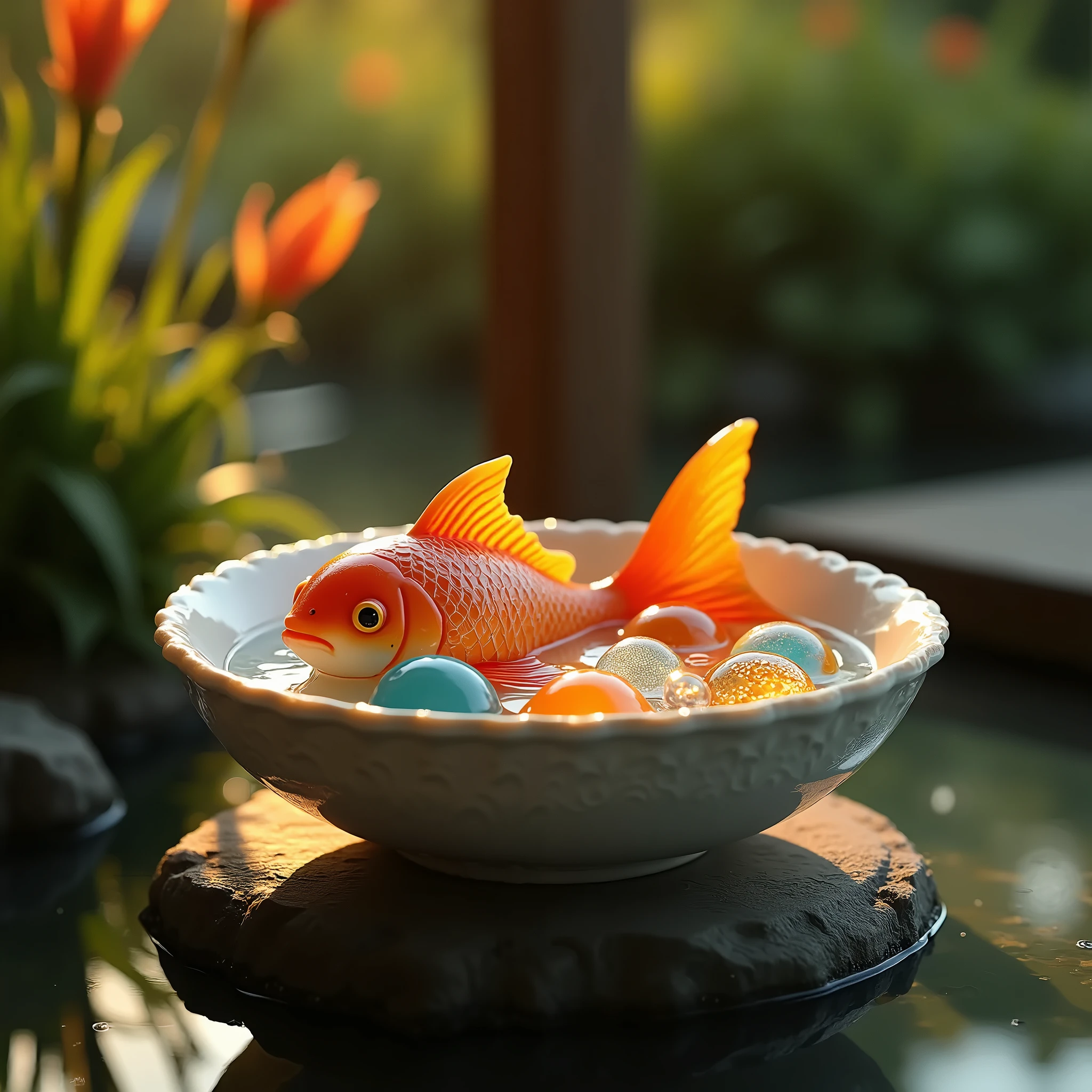 A peaceful Japanese garden with a ceramic goldfish object placed in a ceramic dish resembling a fishbowl, filled with colorful marbles. The scene is illuminated by warm lighting, creating a serene and nostalgic atmosphere. The ceramic goldfish features intricate patterns, and the dish has delicate decorations on its rim. The marbles are transparent with small bubbles inside, reflecting the soft light beautifully.