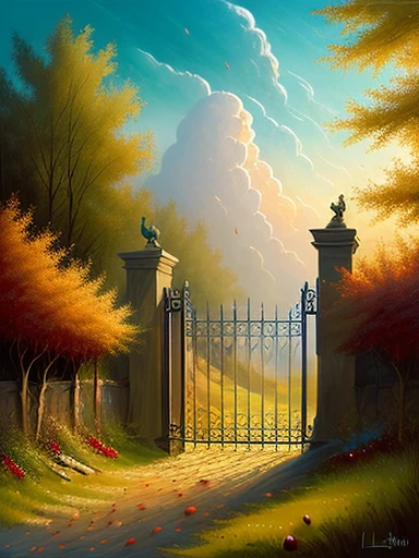 Heaven fantasy painting, big pearly gate in heaven, apples, fruit, 8k, trending on art station, digital art, Raphael Lacoste